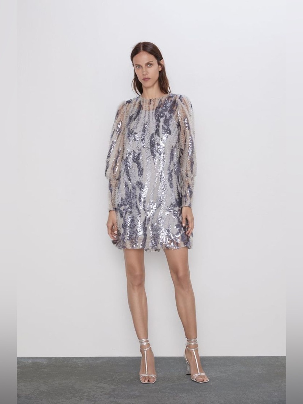 Zara Sequin Mini Dress Silver Long Sleeve Sparkle